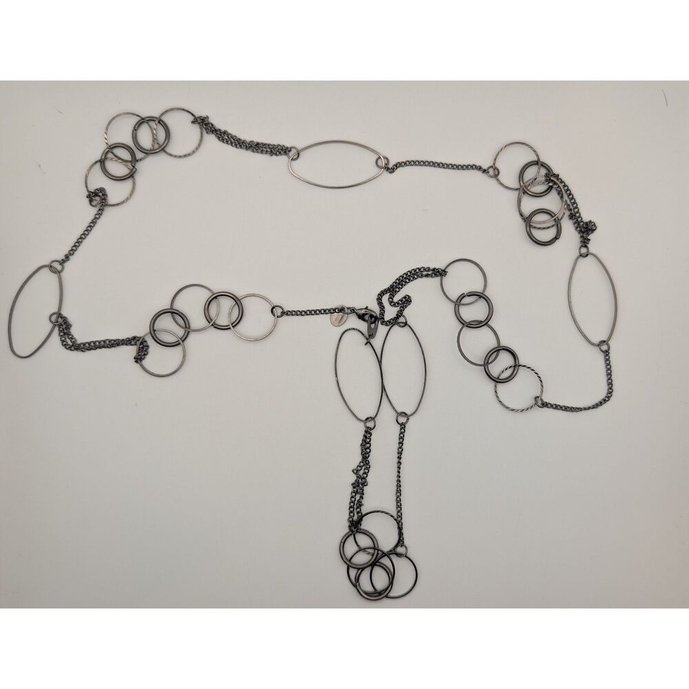 Long Gunmetal Tone Circle & Oval Link Necklace – Modern Fashion Jewelry